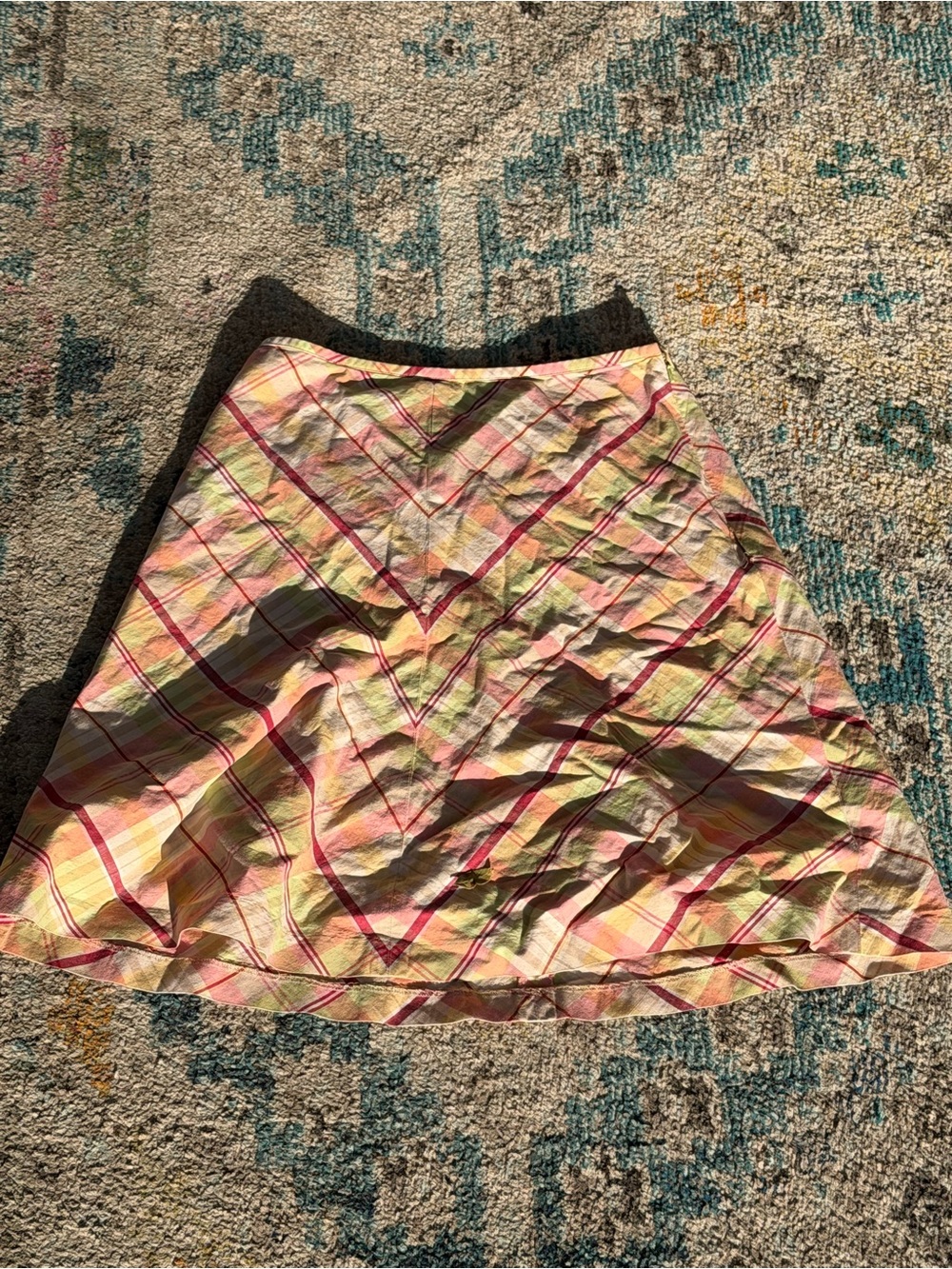 Ann Taylor Pastel Plaid Midi Skirt in Pink, Yellow & Green